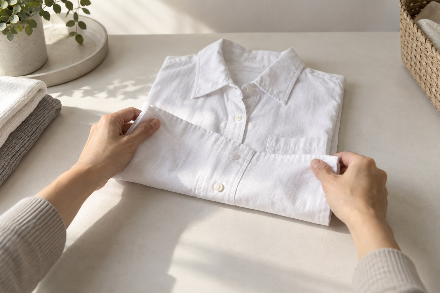 Hands folding a white shirt on a table